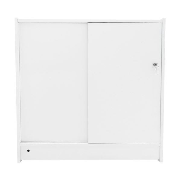 Sleek white LED retail shop counter C900 with sliding doors, modern design, and a minimalist aesthetic for stylish displays