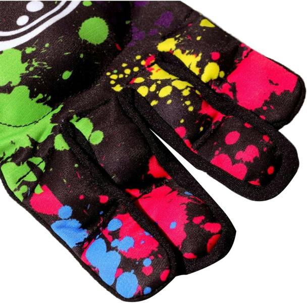 Close-up of Optimum Fusion hockey glove fingers, black with multi-colour paint-splatter print, on white - Optimum