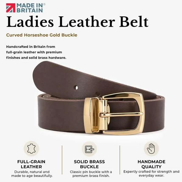 Brown leather belt with gold buckle on a white background, featuring text about the product.