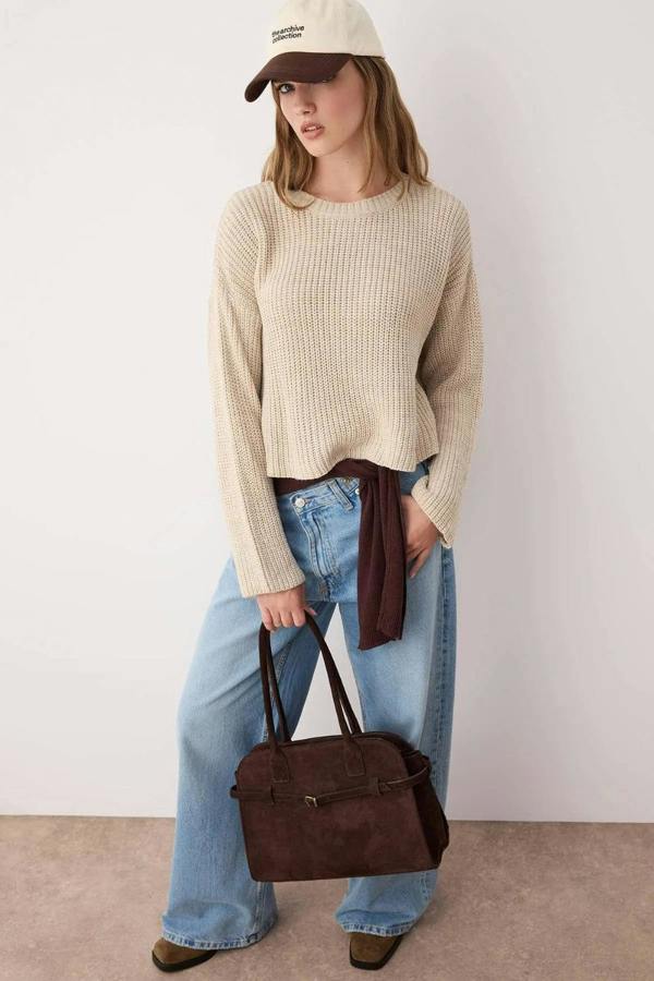 Hoxton Gal Cropped Basic Striped Oversized Knit Sweater