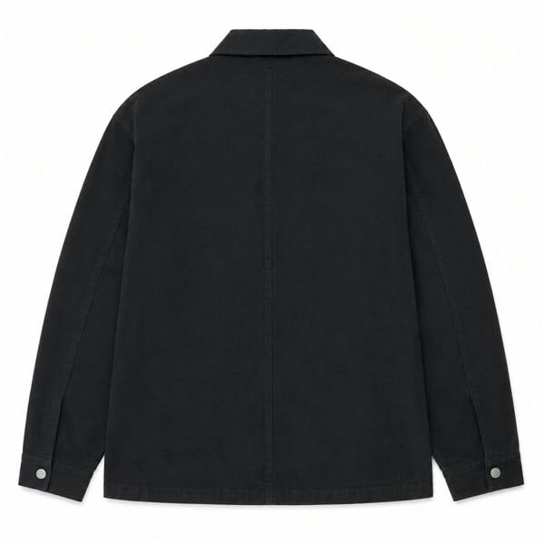 Back view of a Lyle & Scott jet black washed cotton overshirt with a classic collar and buttoned cuffs.