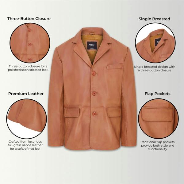 Infinity Leather Mens 3 Button Italian Leather Blazer Jacket - Fauske