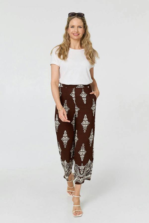 Brown | Border Print High Waist Wide Trousers