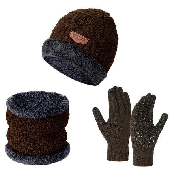 Obasyhig Fleece-Lined Knitted Winter 3-Piece Set - Brown - Style 1