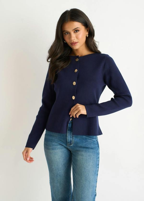 Gini London Navy Button Front Compact Knit Cardigan