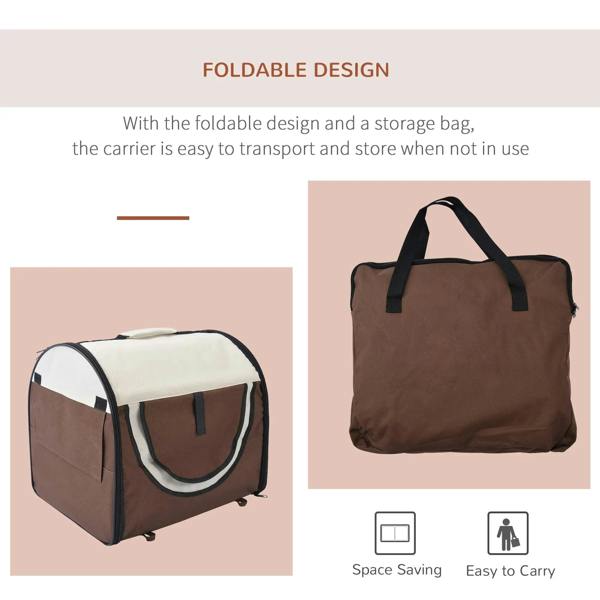 Brown folding fabric pet crate with matching storage bag, foldable design