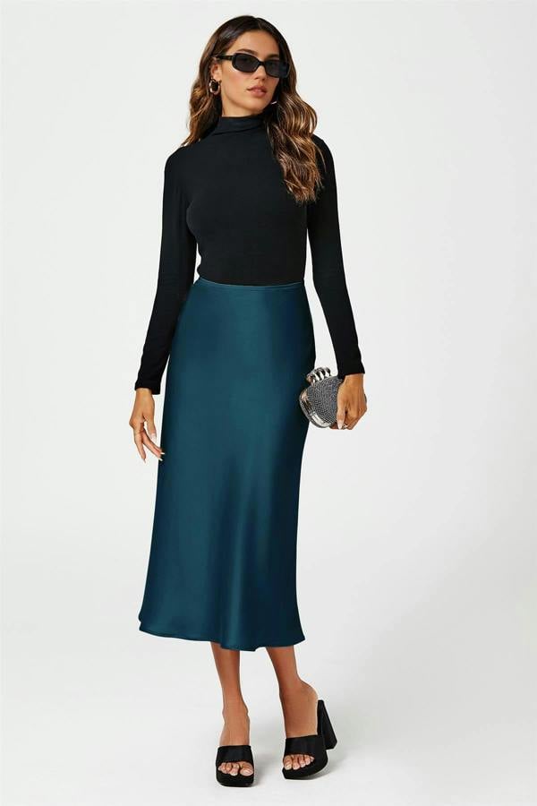 FS Collection Teal Satin Midi Skirt