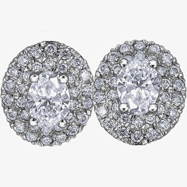 T. H. Baker 18ct White Gold 0.75ct Oval-cut Diamond Halo Cluster Stud Earrings E3781W/75-18