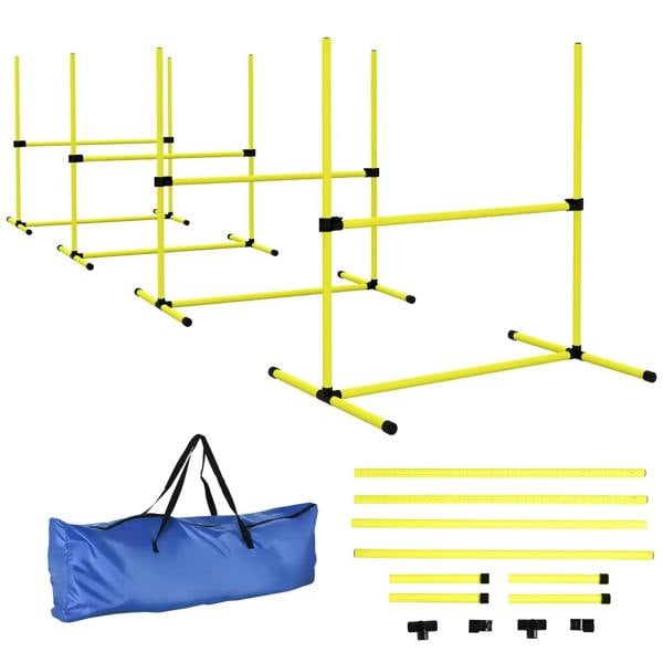 Yellow adjustable dog agility jump hurdles set with carrying bag, four poles