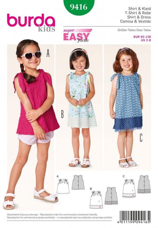 Burda Sewing Pattern 9416 Dresses and Tops For Kids, 2-8 Years - Easy