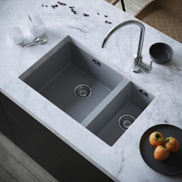 Flode Vänern | 1.5 Bowl Comite Kitchen Sink | Undermounted | Strainer Wastes Supplied | Matt Grey Finish