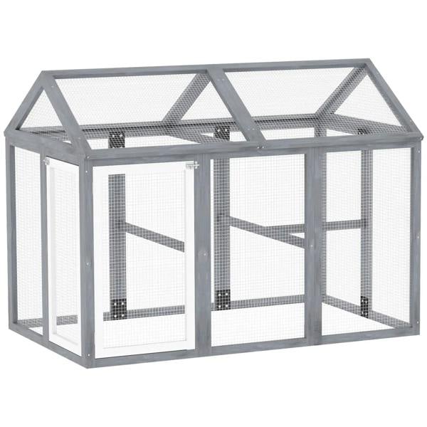 Large grey wooden chicken run with wire mesh panels and slanted roof