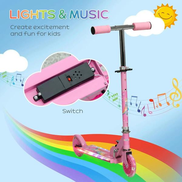 Pink scooter handlebar with music control panel and glowing front wheel