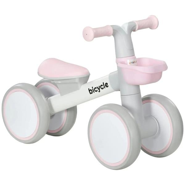 Kids pink balance bike with adjustable seat, padded grips, and silent wide wheels