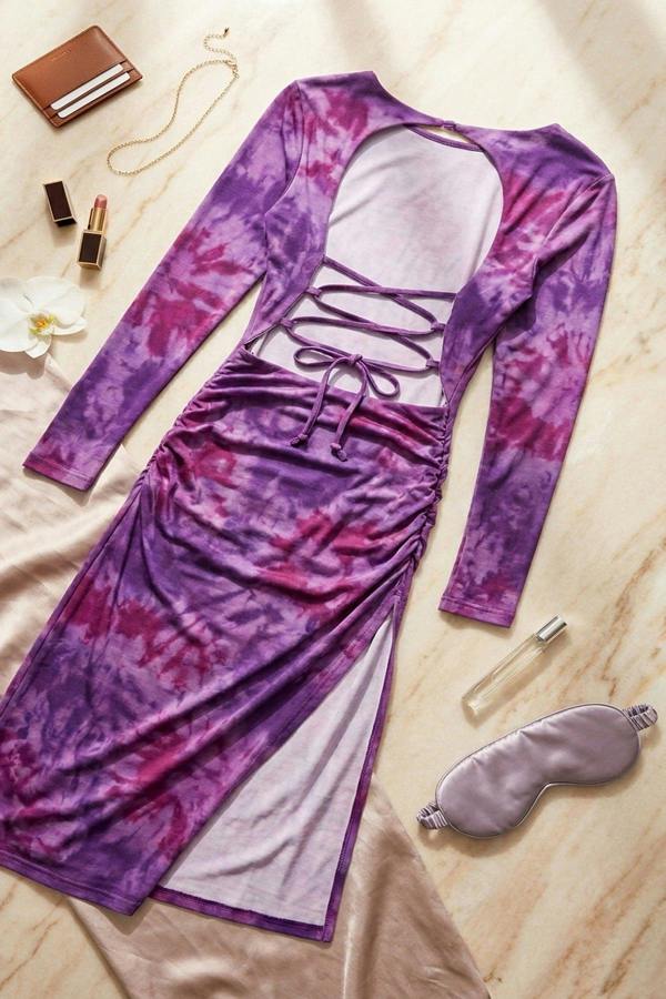 Priscilla Printed Long Sleeve Cross-tied Back Midi Dress - Purple