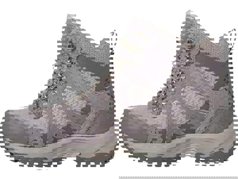Karrimor Bodmin Mid 6 Womens Walking Hiking Trekking Boots, a sturdy outdoor shoe in beige and gray with mesh and leather overlays for breathability and support.