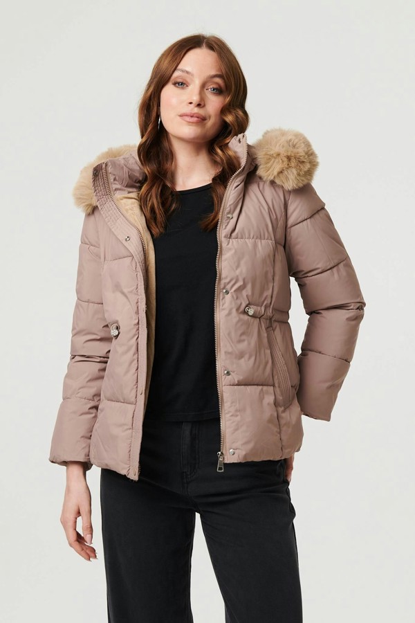 Izabel London Faux Fur Trim Hood Puffer Jacket - Beige