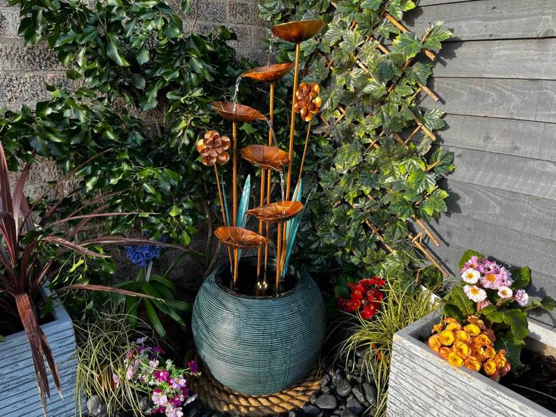 Tranquillity Water Features Copper Leaf Flower & Bowl Modern Metal Water Feature