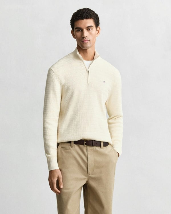 GANT Mens Mini Cable Half Zip Jumper - 130 Cream - CHO - Designer Mens Half Zip Jumpers