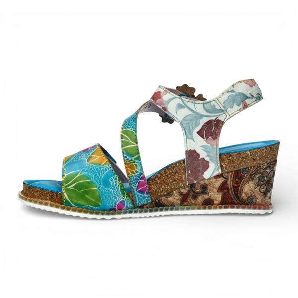 Laura Vita Bonito 32 - Women's Blue Floral Leather Wedge Sandals