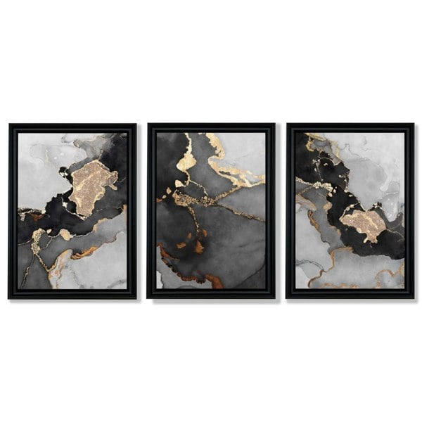 Artze Wall Art Framed Set of 3 Abstract Art prints of Paintings Black Grey and Gold