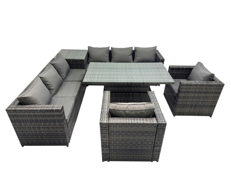 Fimous 8 Seater Outdoor Corner Sofa Height Adjustable Rising Lifting Table Set Garden Rattan Furniture Set with Side Table Dark Grey