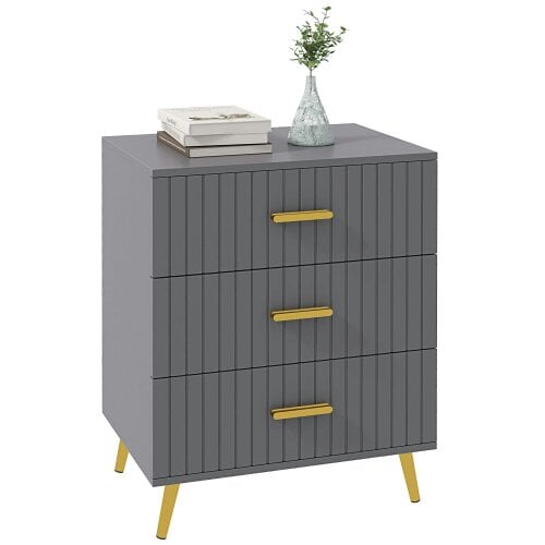 Wyld Haus Momase Tall Wooden Grey And Gold Tone 3 Drawer Embossed Bedside Table