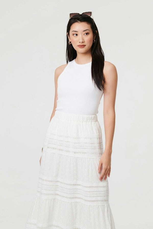 White | High Waist Lace Trim Tiered Maxi Skirt
