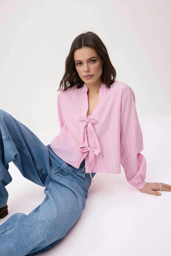 WOVCOR Striped Tie-Up Relaxed Fit Shirt