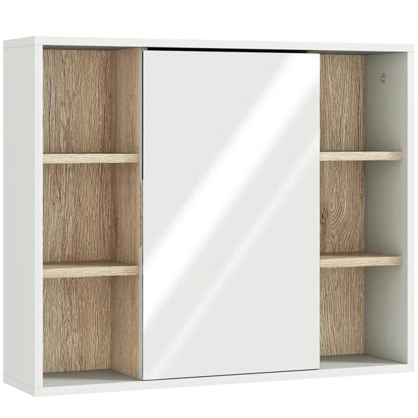 White wall-mounted bathroom mirror cabinet with open shelves and wide central mirror door