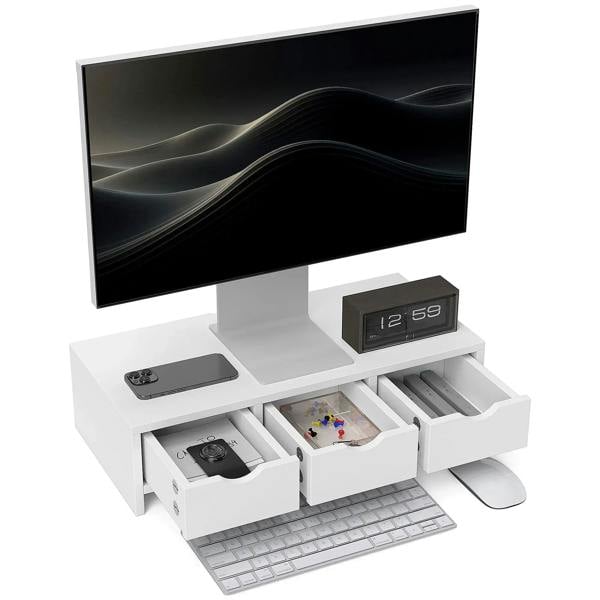 White monitor stand riser with 3 drawers and open storage for keyboard and accessories