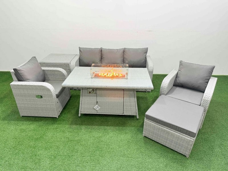 Fimous PE Rattan Garden Furniture Set Reclining Chair Sofa Lounge Sofa Set Fire Pit Dining Table Side Table Big Footstool Light Grey