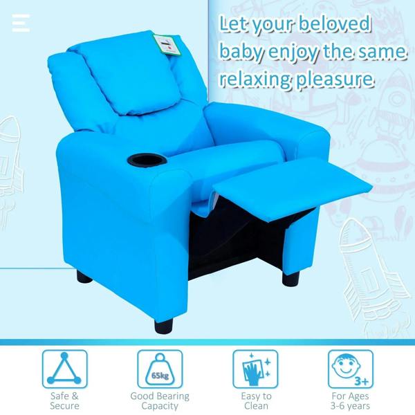 Blue kids recliner chair with cushioned seat, padded headrest, and footrest extended