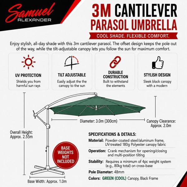 Samuel Alexander 3m Hanging Banana Cantilever Garden Parasol with Cover in Green