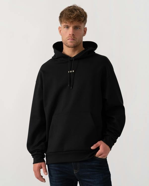 Model wearing BOSS Green Sly Zone Mens Pullover Hoodie in Black 002 - Main