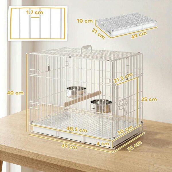 Bird Cage Foldable Portable Budgie Cage with Wooden Perch 2 Bowls for Travel 49 x 31 x 40 cm White