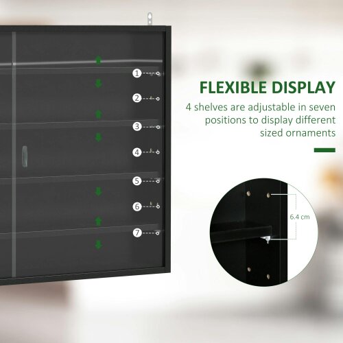 Wyld Haus Velura Wood And Glass Black 5 Tier Wall Display Cabinet With Adjustable Shelves 60 x 80 cm