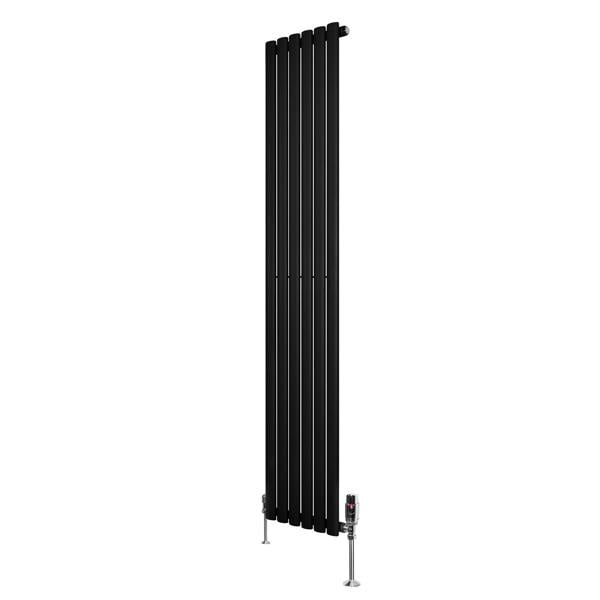 Sleek black oval single column radiator with vertical slats and chrome valves, measuring 1800mm x 360mm, ideal for modern spaces