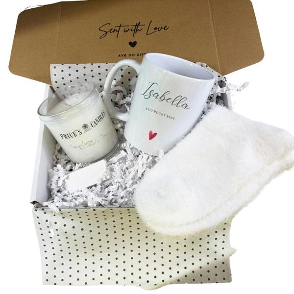 Personalised Pink Flowers Heart Name Mug, Candle & Socks Gift Hamper | Sister Friend Daughter
