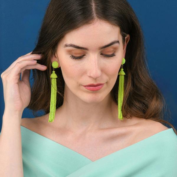 Zavana Long Bright Green Beaded Tassel Earrings for Women