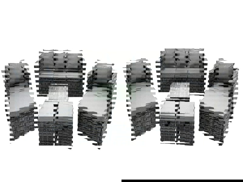 Fimous Outdoor Rattan Garden Furniture Set 9 Seater Patio Lounge Sofa Set with Armchair Square Coffee Table 4 Footstool Dark Grey Mixed
