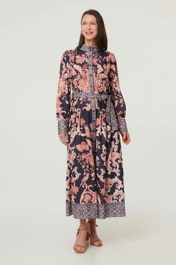 Navy | Border Print High Neck Maxi Shirt Dress