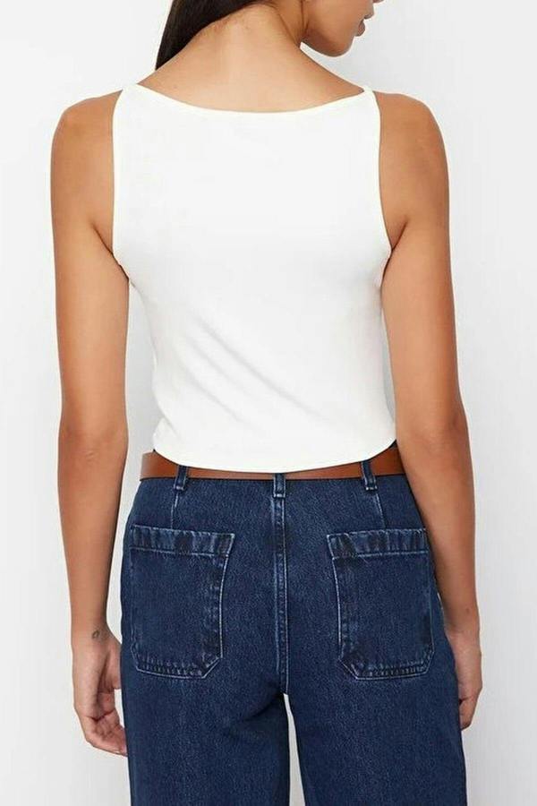 WOVCOR Strapped Fitted Stretch Knit Blouse