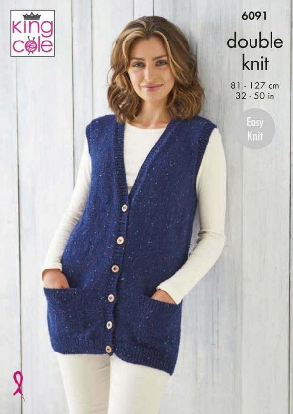 King Cole Big Value Tweed DK Knitting Pattern 6091, Waistcoats for Women, 32 - 50 Inches - Easy