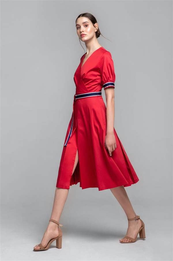 Rumour London Jennifered red flared cotton poplin dress with slits