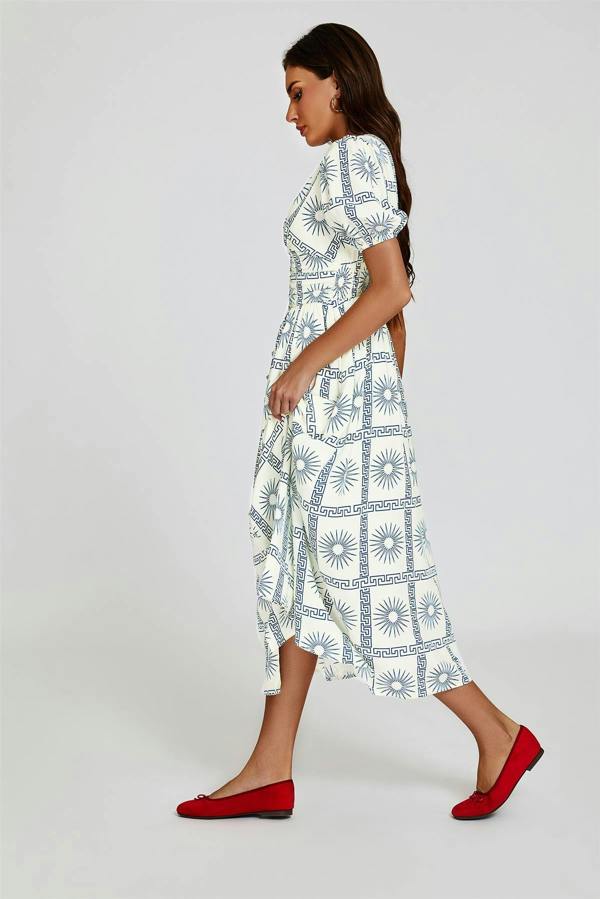 FS Collection Geo Print Midi V neckline Dress In White
