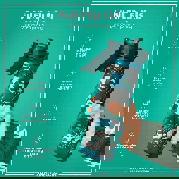 A water bottle with a full flip lid, is being held; its lid opens 240 degrees, against a teal background. The bottle features a camouflage design and the text "SLIM RECYCLON™".