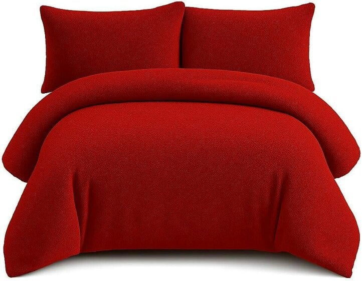 Night Zone Teddy Fleece Duvet Cover Set – Soft Warm Teddy Bear Bedding with Pillowcases - Red
