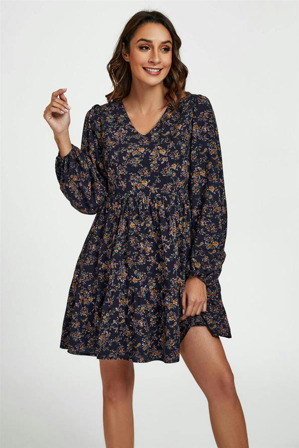 FS Collection Little Floral Print V Neck Mini Dress In Navy