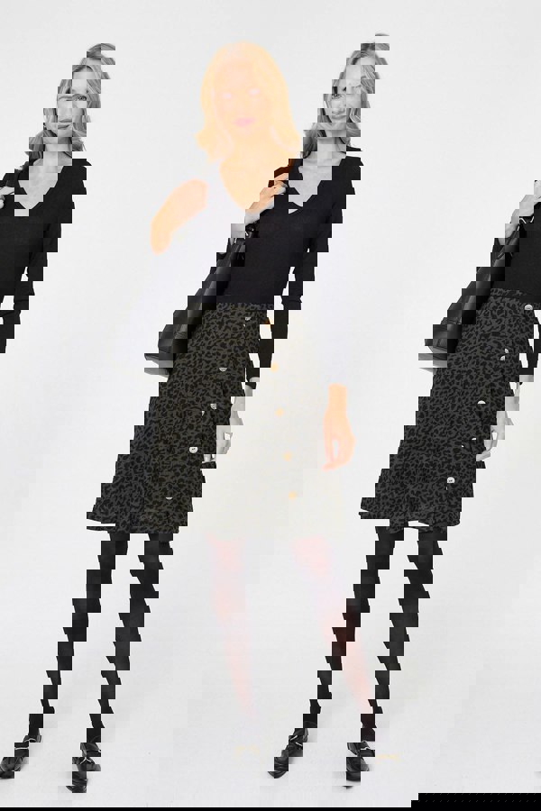 Black | Animal Print V-Neck Short Skater Dress
